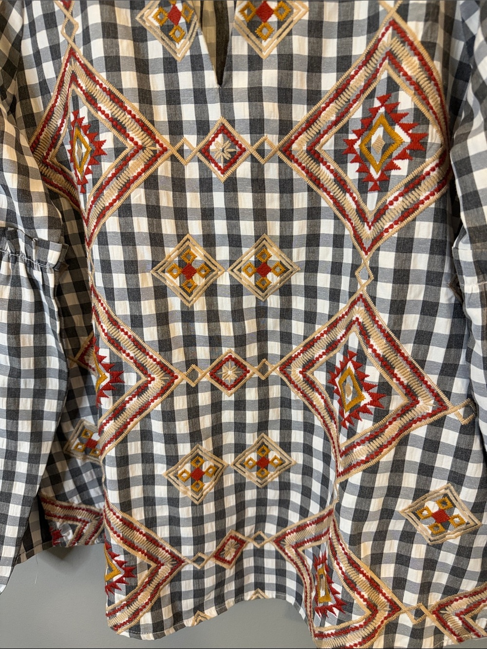 Savanna Jane Embroidered Buffalo Plaid Boho Peasant Top Medium Aztec Western M - Picture 8 of 9
